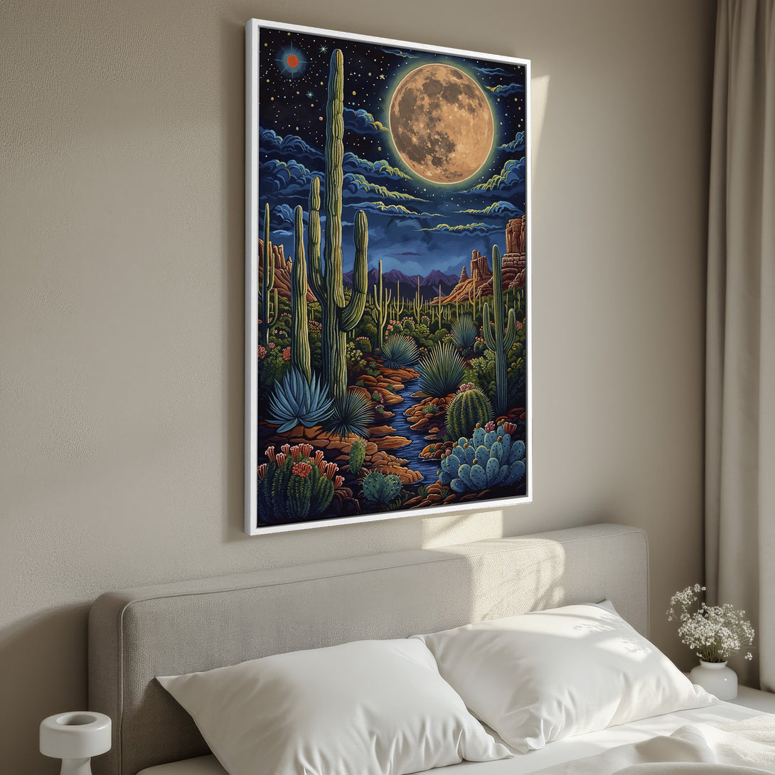 Framed Wall Art featuring a vibrant desert landscape under a starry night sky, with a warm, inviting color palette. Perfect for adding a touch of nature to your decor.