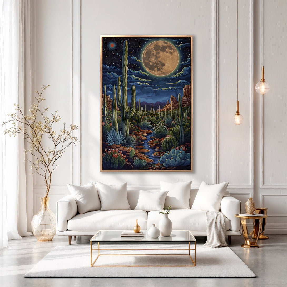 Framed Wall Art: Desert landscape Canvas Print with a vibrant night sky, featuring cacti and a full moon. Stunning blue, green, and orange color palette.