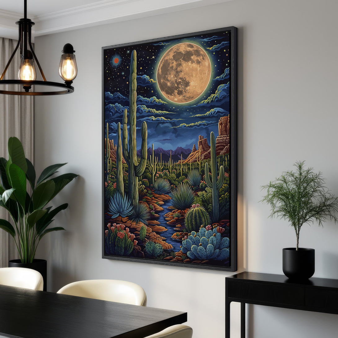 Framed Wall Art: Desert landscape canvas print featuring a vibrant night scene with cacti, a full moon, and a rich blue and orange color palette. Perfect for home decor!