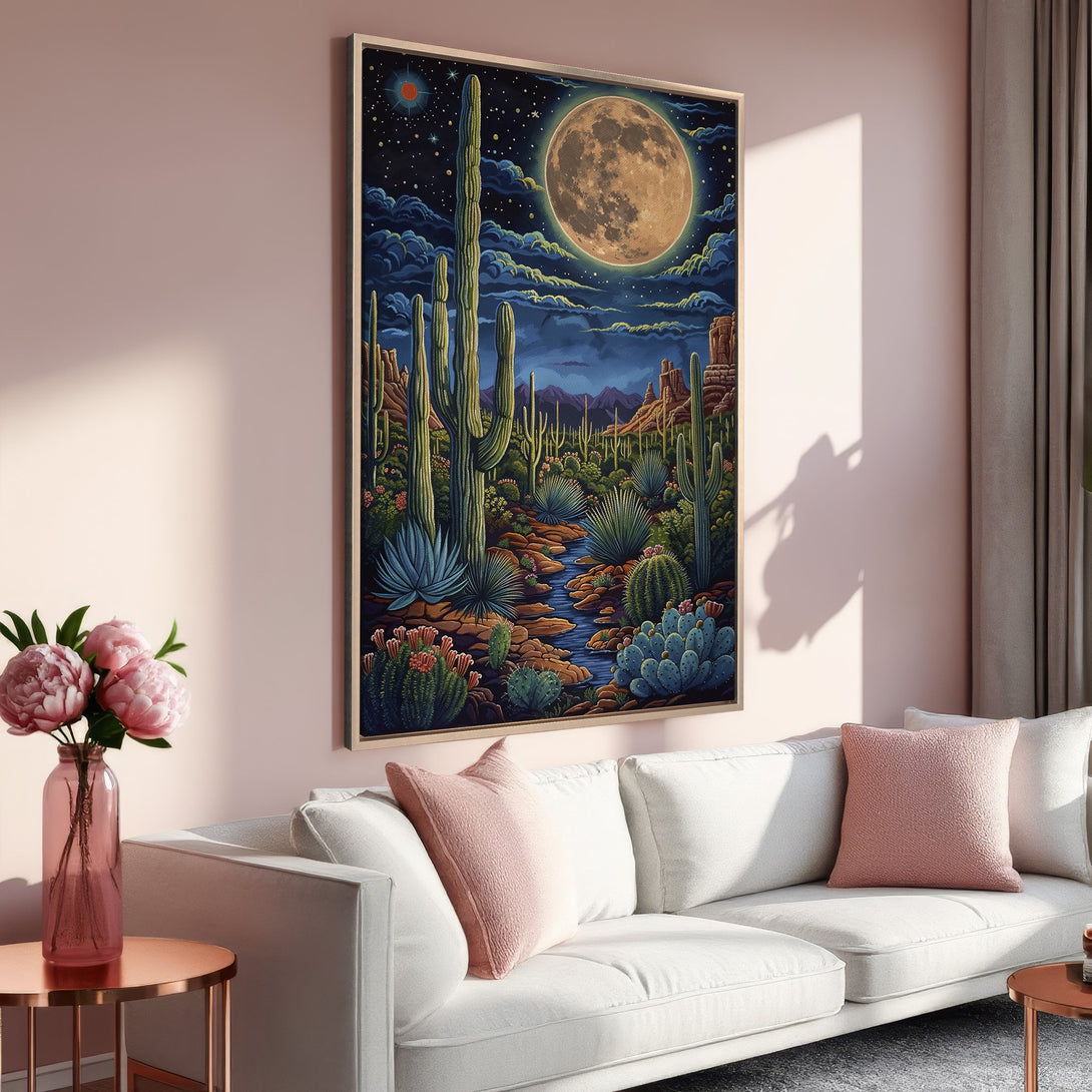 Framed Wall Art: Desert landscape Canvas Print with vibrant colors and a stunning full moon. Perfect for adding Southwestern style to your home decor.