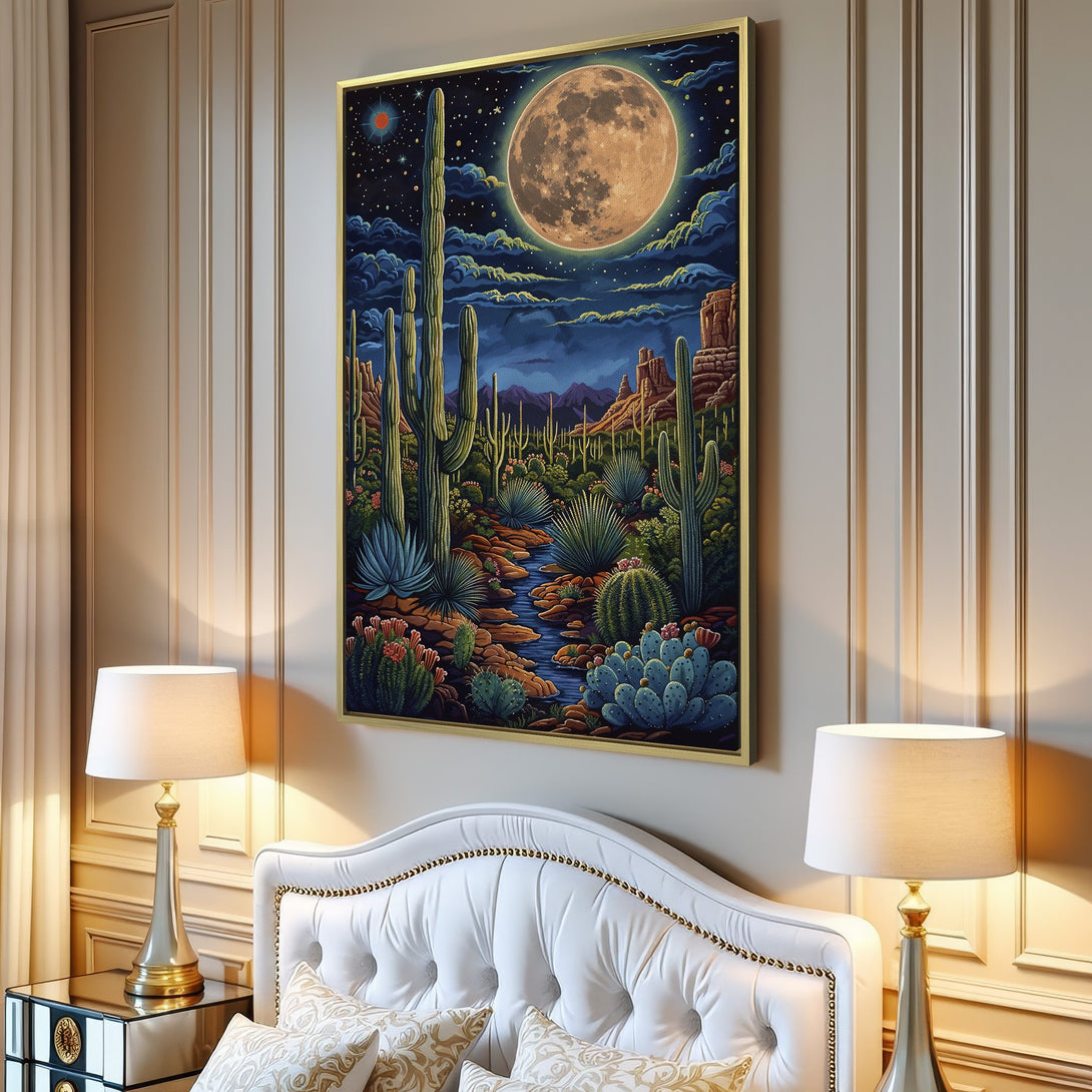 Canvas Print of a desert landscape with a full moon, in a vibrant, illustrative style. Features a blue, orange, and green color palette.