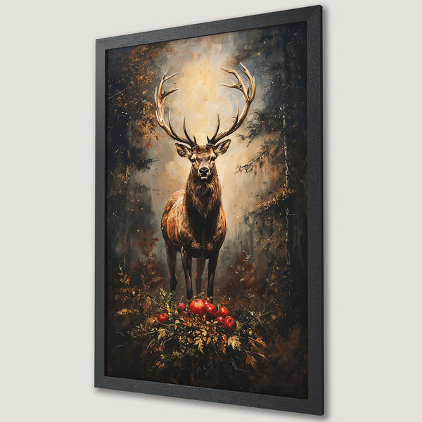 Framed Poster featuring a woman with a floral crown, in an expressive, painterly style. Dark, moody color palette with purple and pink hues.