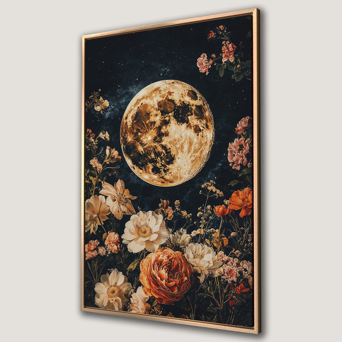 Framed Wall Art featuring a celestial moon and floral arrangement in warm tones against a dark, starry sky. Perfect for adding a touch of vintage style to your home.