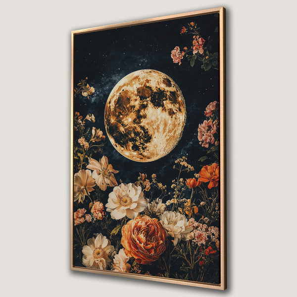 Framed Wall Art featuring a celestial moon and floral arrangement in warm tones against a dark, starry sky. Perfect for adding a touch of vintage style to your home.