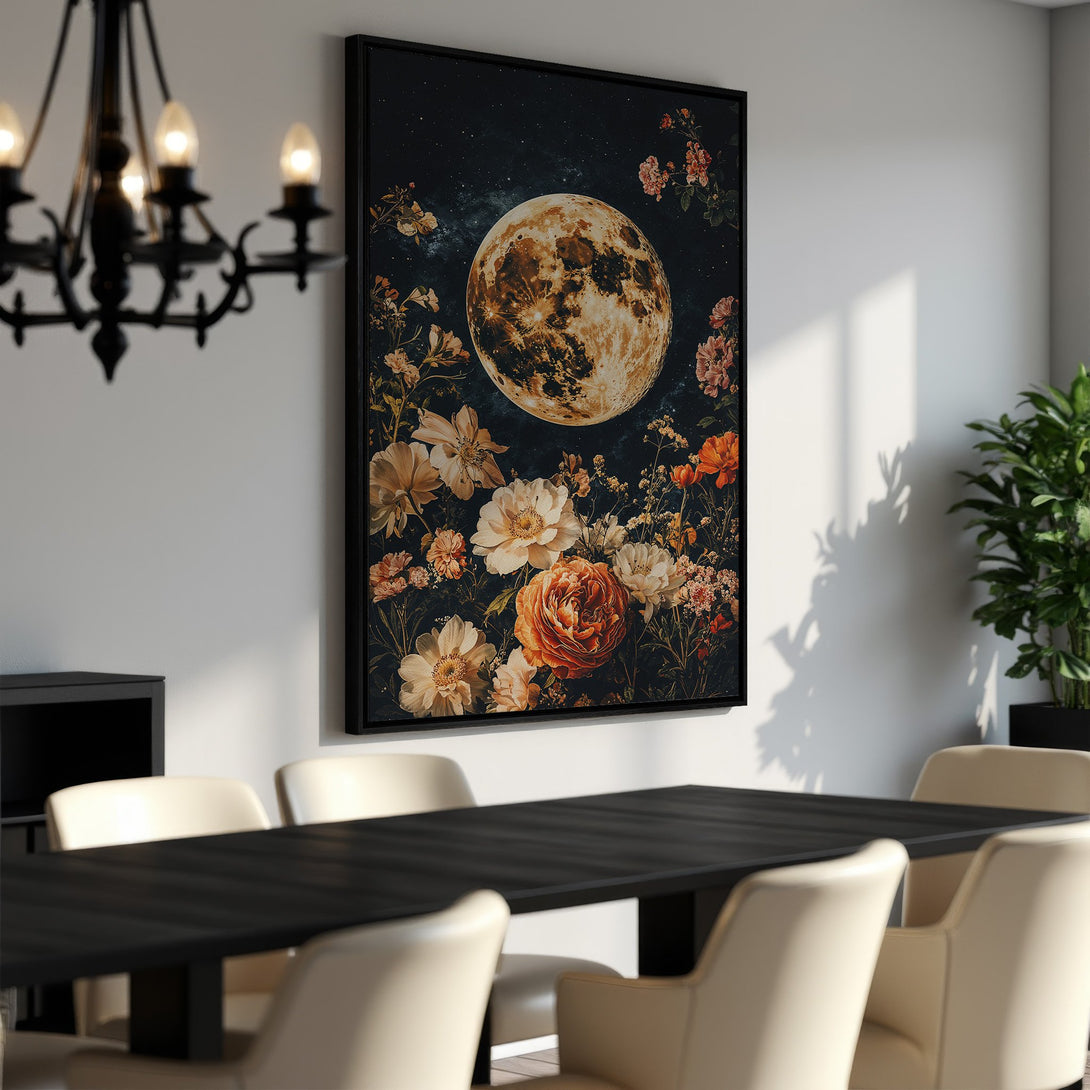 Framed Wall Art: Stunning floral moon canvas print in a dining room. Features a dark, moody color palette with warm orange and cream tones. Perfect wall decor!