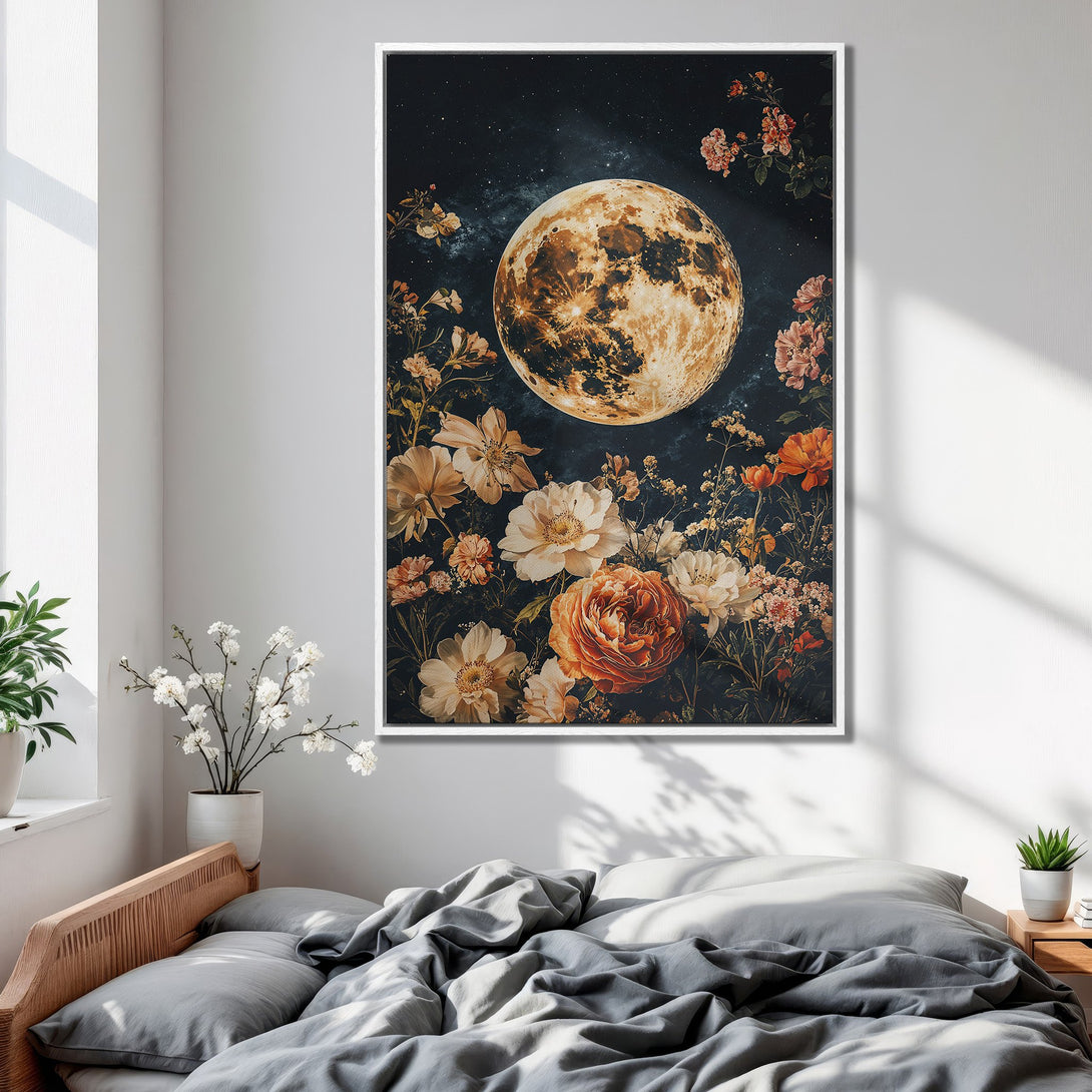 Framed Wall Art featuring a celestial moon and floral design in warm, earthy tones. Perfect bedroom decor!