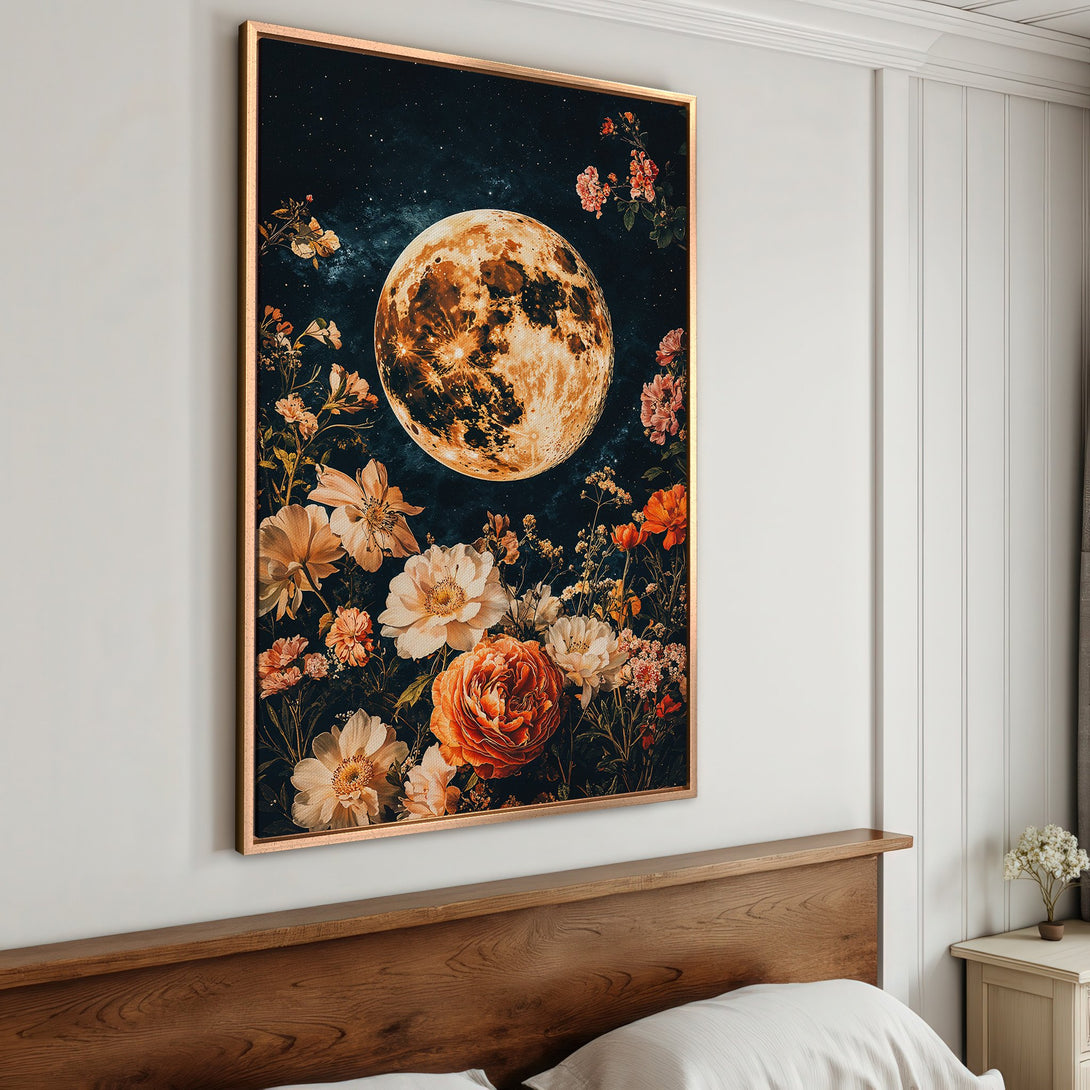 Framed Wall Art: Stunning moon and floral art print in warm tones. Perfect for bedroom decor. Add a touch of celestial beauty to your space!