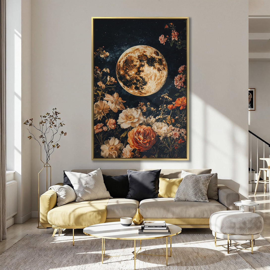 Canvas Print featuring a celestial moon and floral design in a vintage style with a warm, earthy color palette. Perfect for adding a touch of nature to your space.