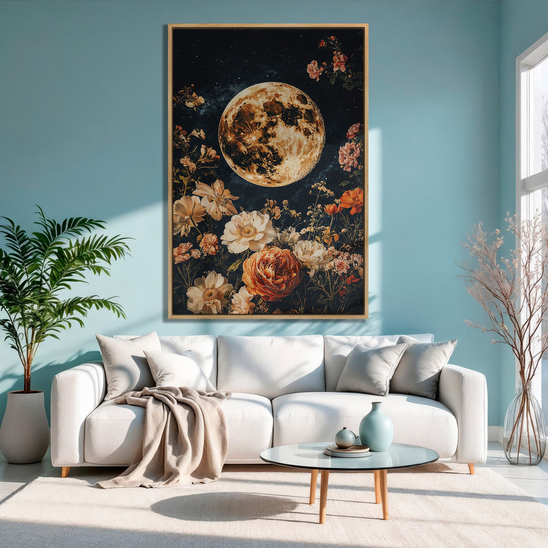 Framed Wall Art featuring a floral moon design. Earthy tones and a dark backdrop create a stunning, artistic Canvas Print for your home decor.