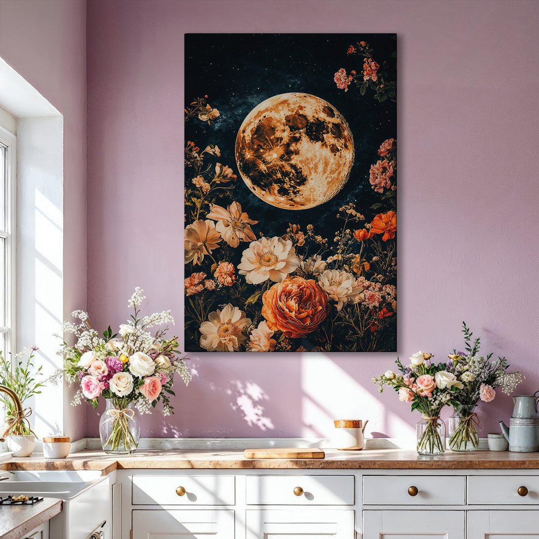 Framed Wall Art: Moon and floral canvas print with warm tones. Adds a touch of elegance and celestial beauty to any living space. Perfect for home decor.