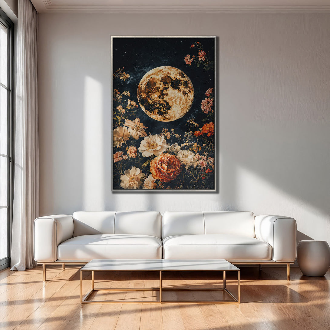 Framed Wall Art featuring a celestial moon and floral design in a vintage style, with a warm, earthy color palette. Perfect for adding a touch of elegance.