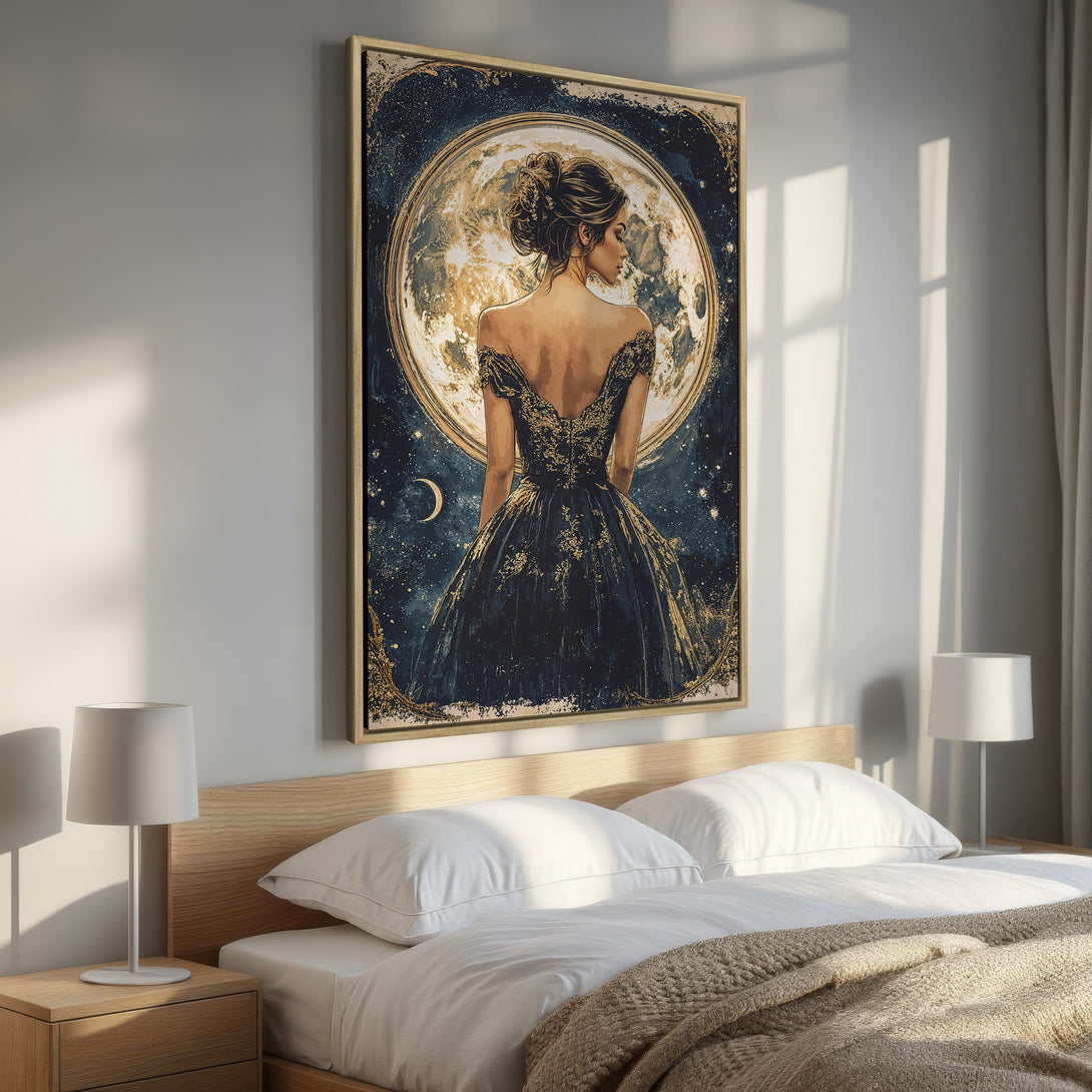 Framed Wall Art: Elegant woman in a gown against a celestial backdrop. Dark blue and gold color palette. Perfect for bedroom decor.