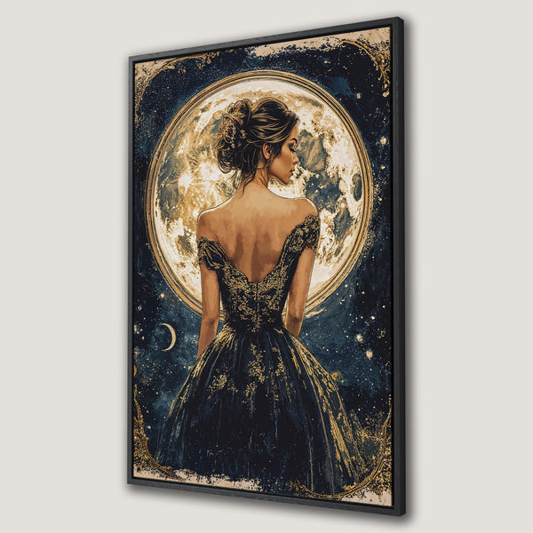 Framed Wall Art: Elegant woman in a gown with a moon backdrop. Dark blue, gold, and beige color palette. Perfect for adding a touch of celestial beauty.