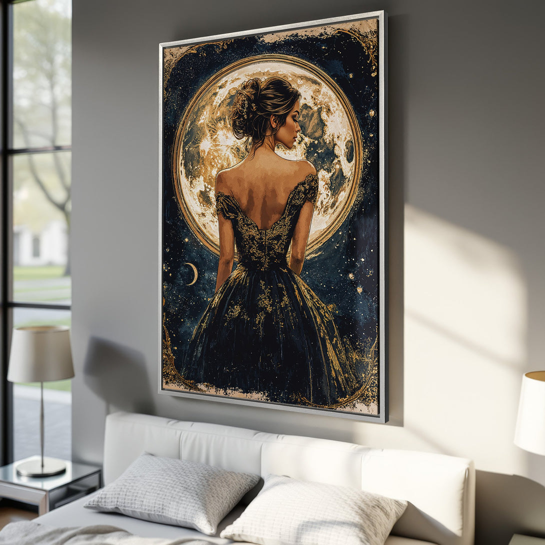 Framed Wall Art: Elegant woman in a dark dress against a golden moon. Moody, artistic style with a rich blue, gold, and black color palette. Perfect for bedroom decor.