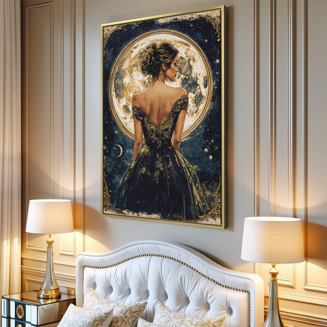 Canvas Print of a woman in a dark dress against a moonlit background. Elegant, vintage style art in deep blues, golds, and creams. Perfect wall decor.