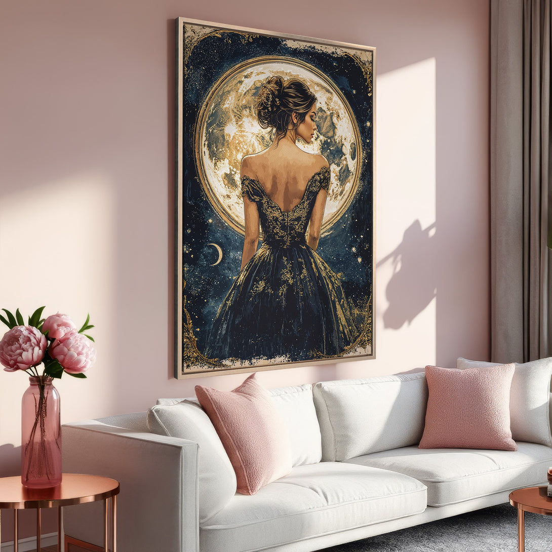 Framed Wall Art: Elegant woman in a dark dress with a moon backdrop. Romantic style, featuring a navy, gold, and blush color palette. Perfect for home decor.