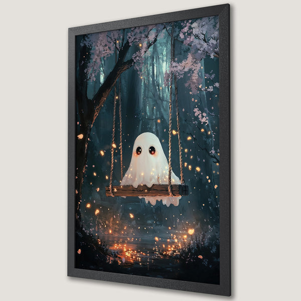 Framed Poster featuring a cute ghost on a swing in a whimsical forest scene, with a dark teal and orange color palette.