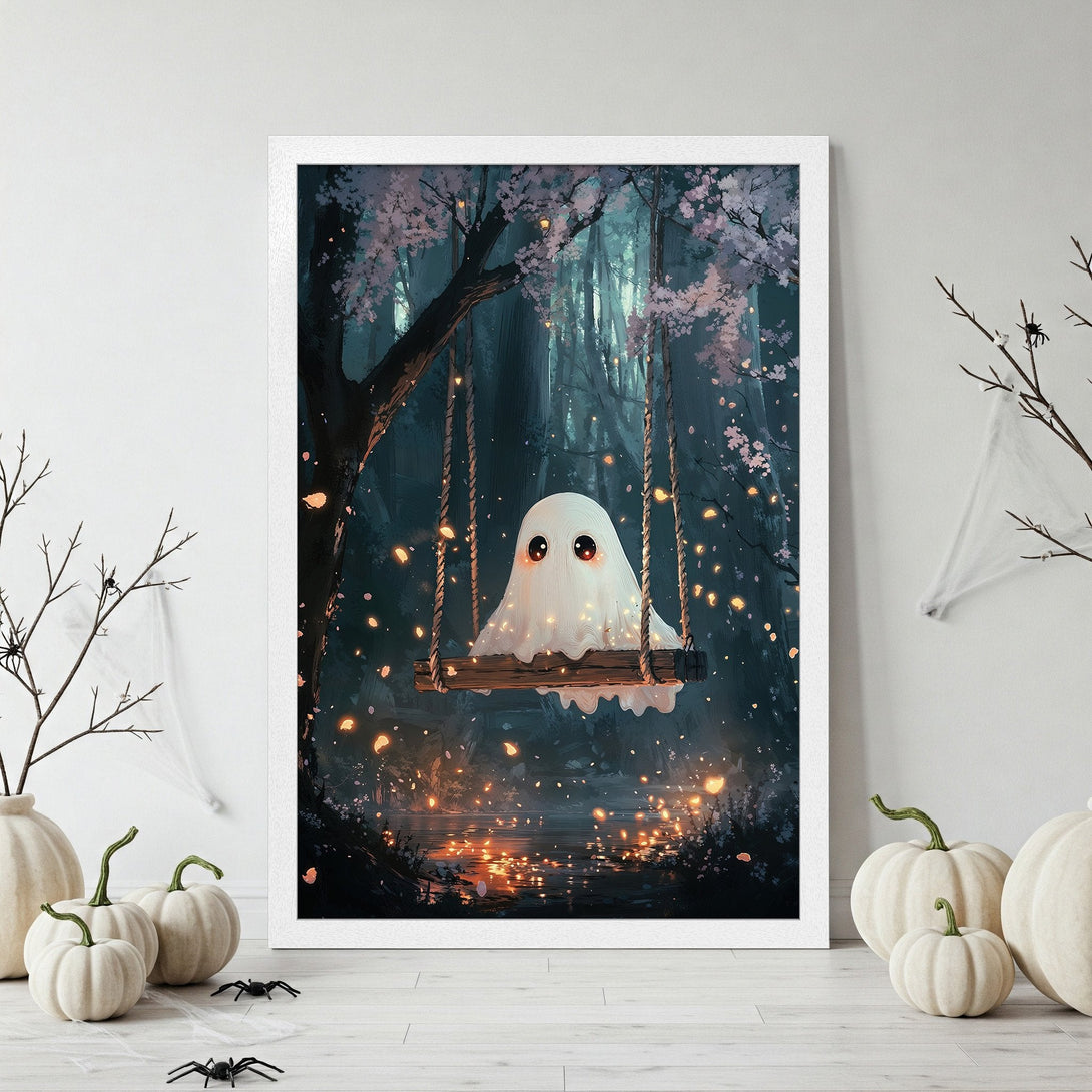 Framed Poster featuring a cute ghost on a swing in a whimsical forest scene. Dark blue and pink color palette, perfect Halloween decor.
