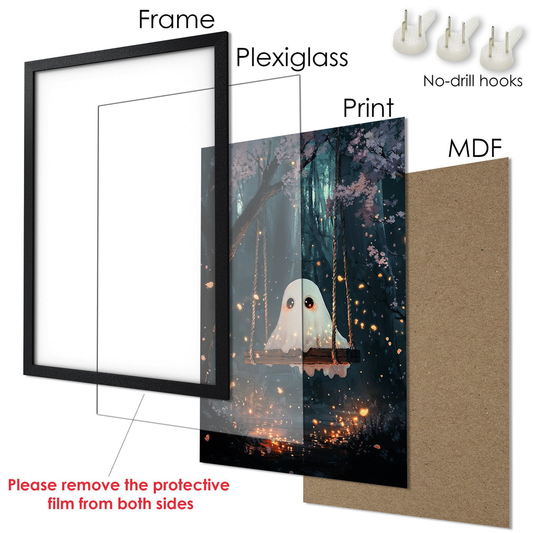 Framed Poster featuring a cute ghost on a swing in a dreamy forest scene. Soft, whimsical art with a dark teal and warm glow color palette.