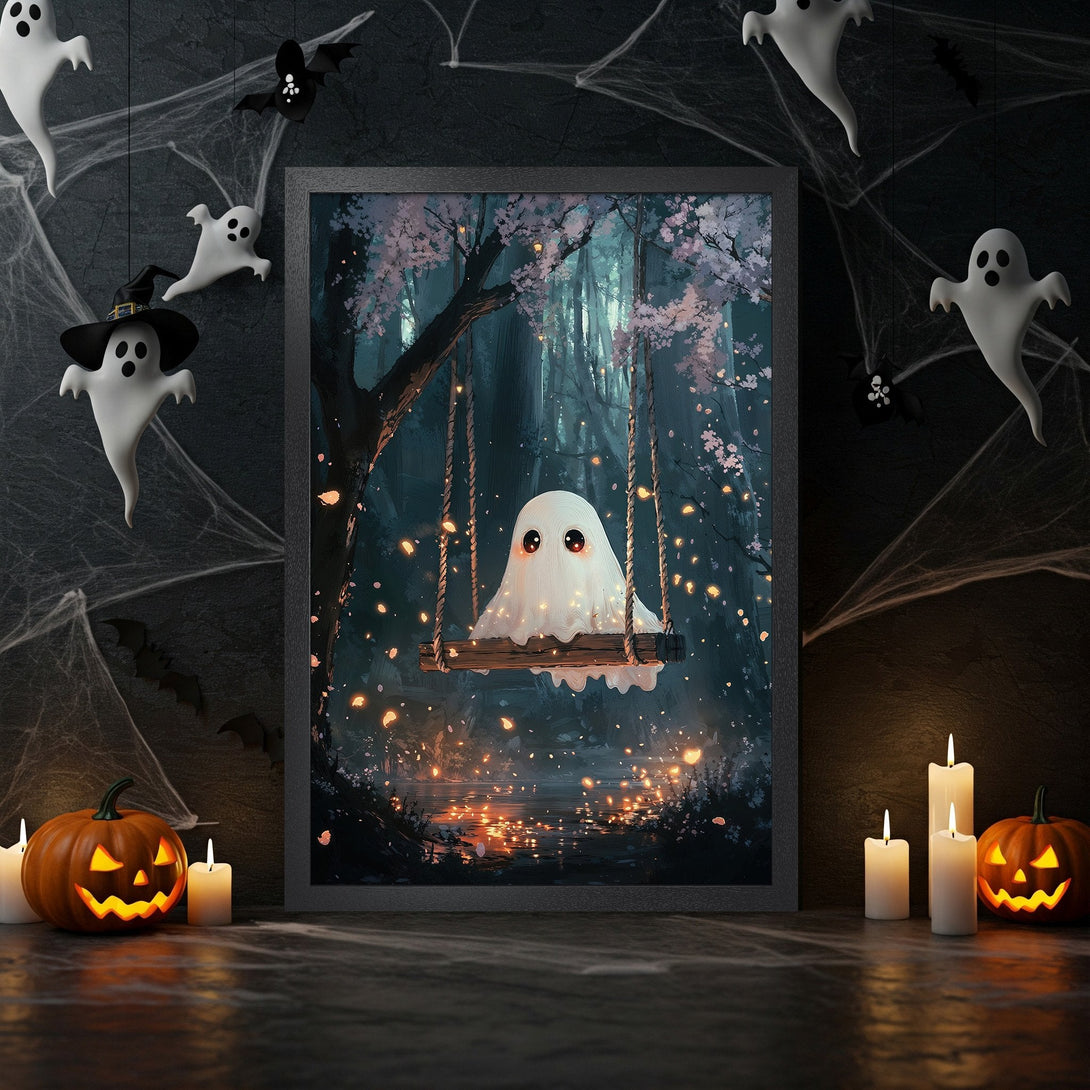 Framed Poster featuring a cute ghost on a swing in a whimsical forest, with a dark blue and teal color palette. Spooky & enchanting!