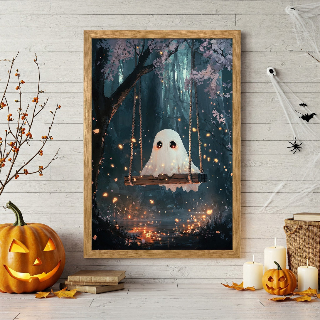 Framed Poster featuring a cute ghost on a swing in a whimsical forest, with a dark teal and orange color palette. Perfect Halloween decor!