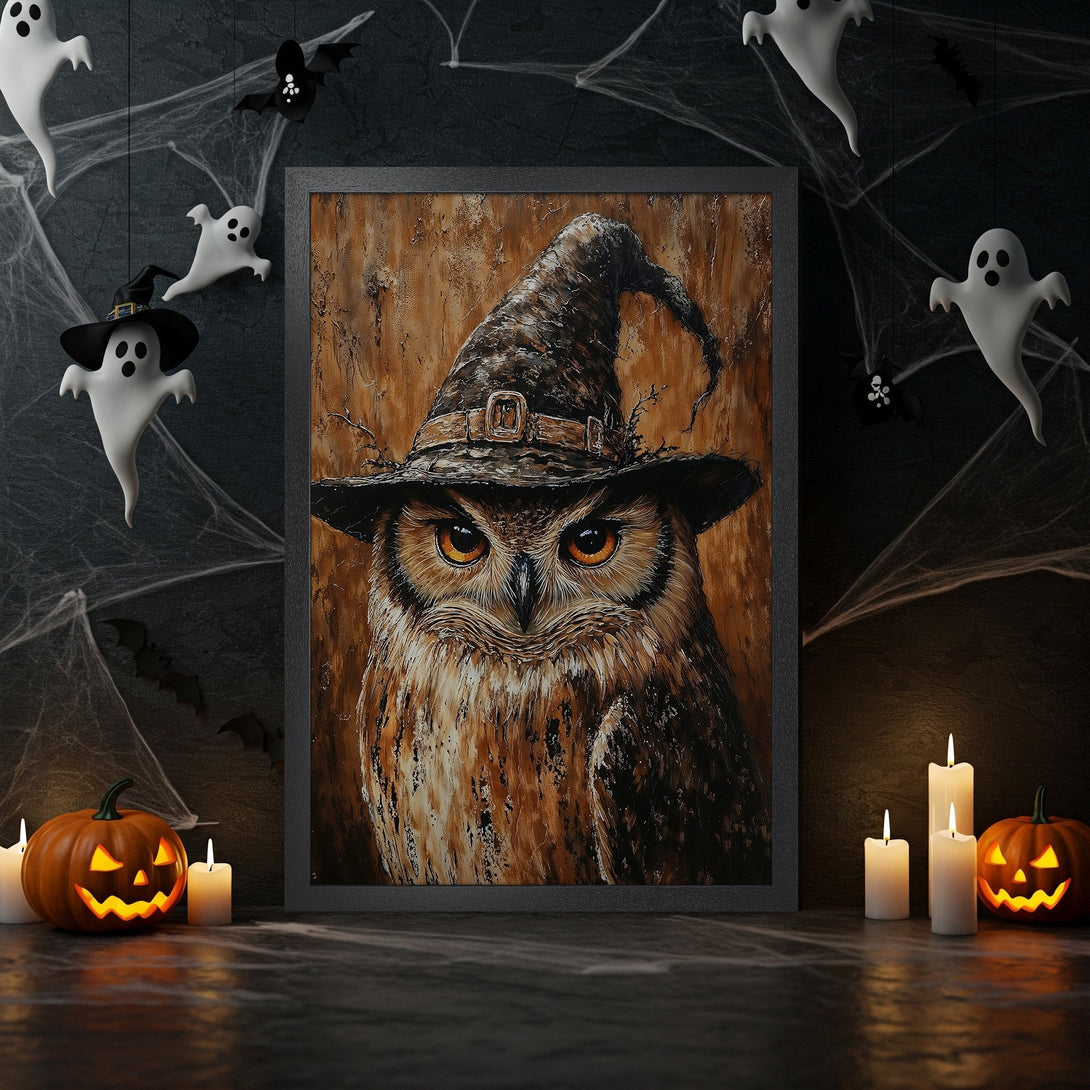 Framed Poster: Halloween owl art in brown and orange tones, perfect for spooky decor. Textured style.