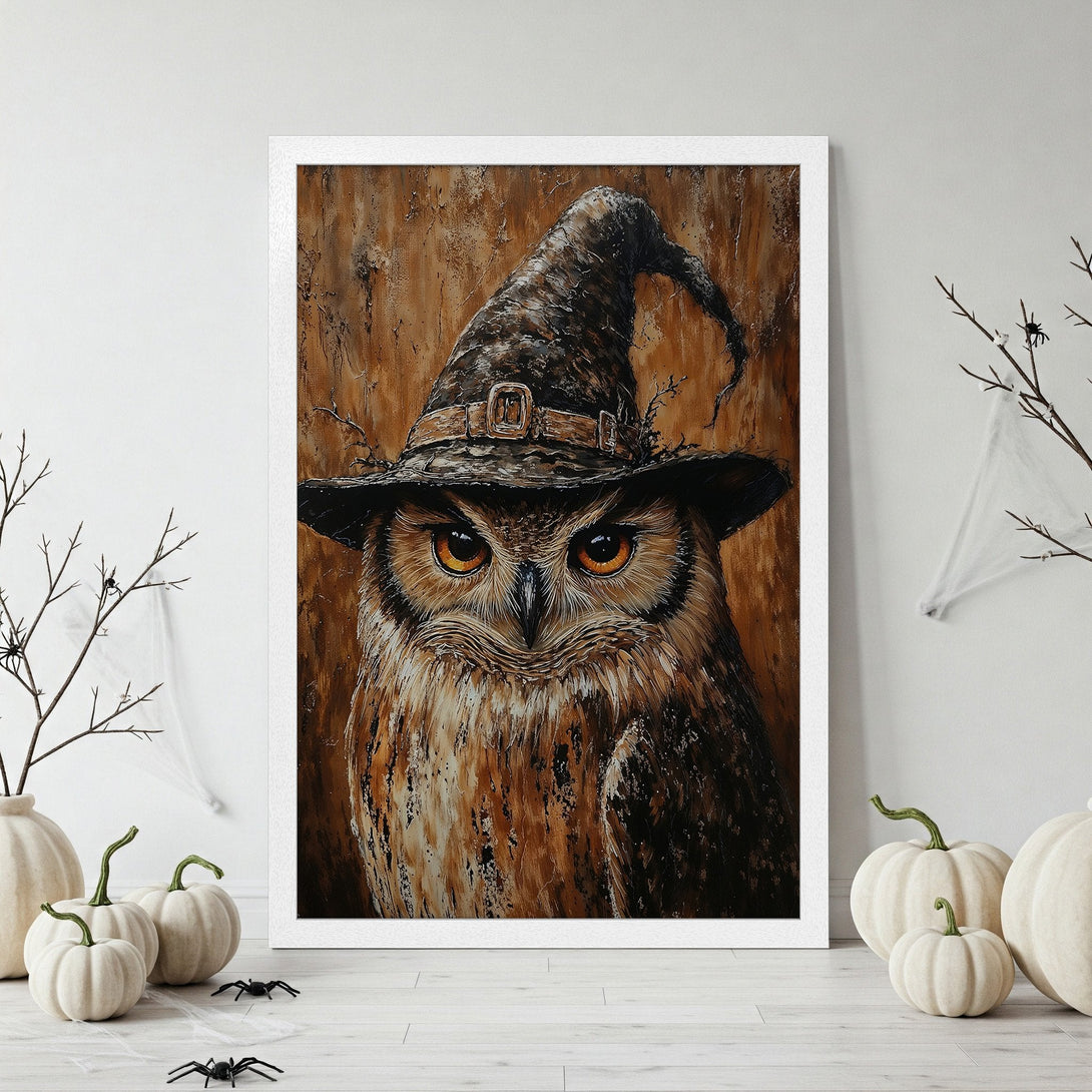 Framed Poster of a Halloween owl in a witch hat. Rustic style, warm brown and orange color palette. Spooky wall art.
