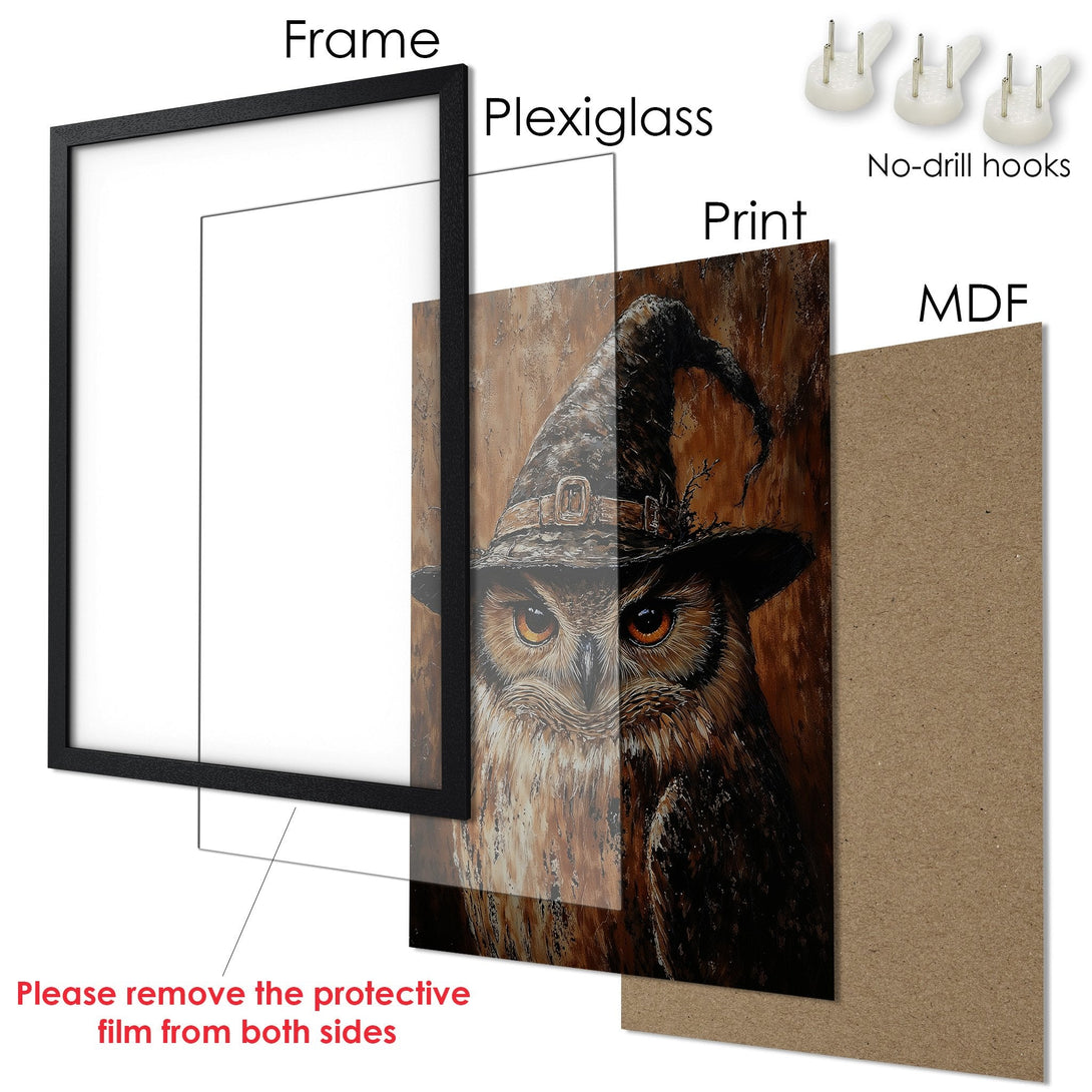 Framed Poster featuring a detailed owl illustration. Warm brown and gold tones in a painterly style. Ready to hang art.