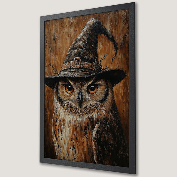 Framed Poster: Owl wearing witch hat, oil painting style, warm brown and black color palette. Spooky wall art decor.