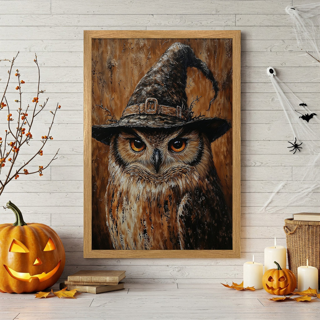 Framed Poster of a whimsical owl in a witch hat. Warm brown, orange, and black color palette. Perfect Halloween decor!