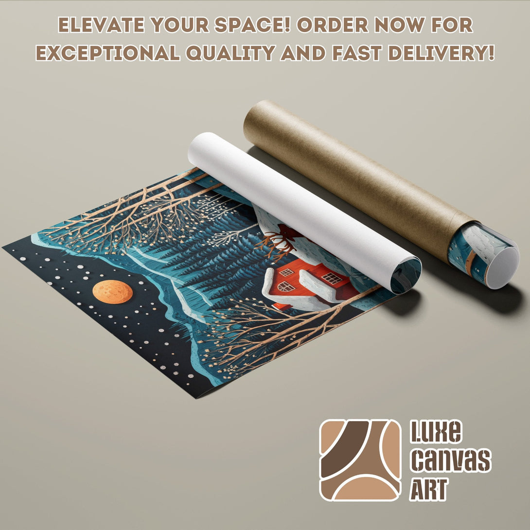 Poster Roll featuring a winter scene with a red house, blue and teal color palette. Order now!