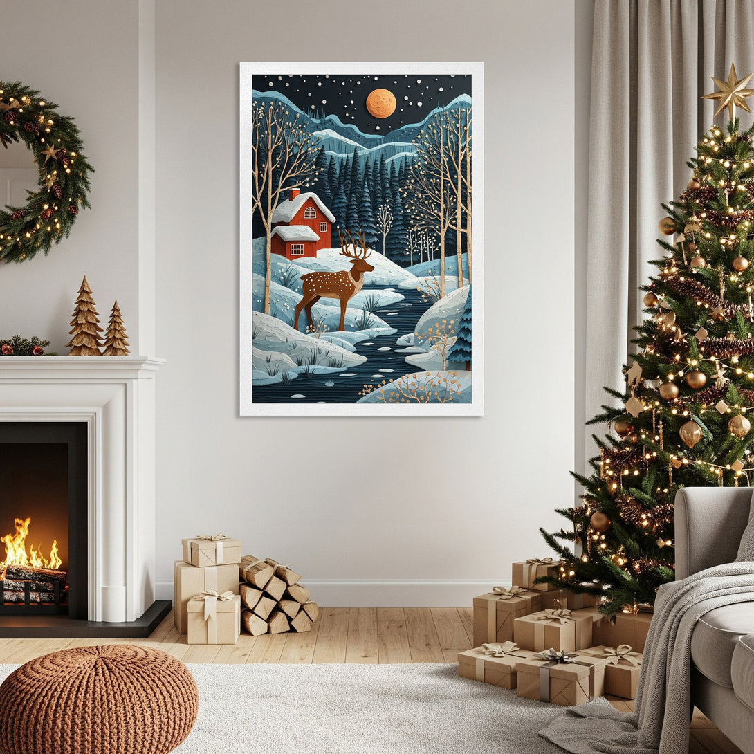 Framed Poster of winter scene with a deer, in a whimsical style with a cool blue and warm orange palette. Perfect for holiday decor.