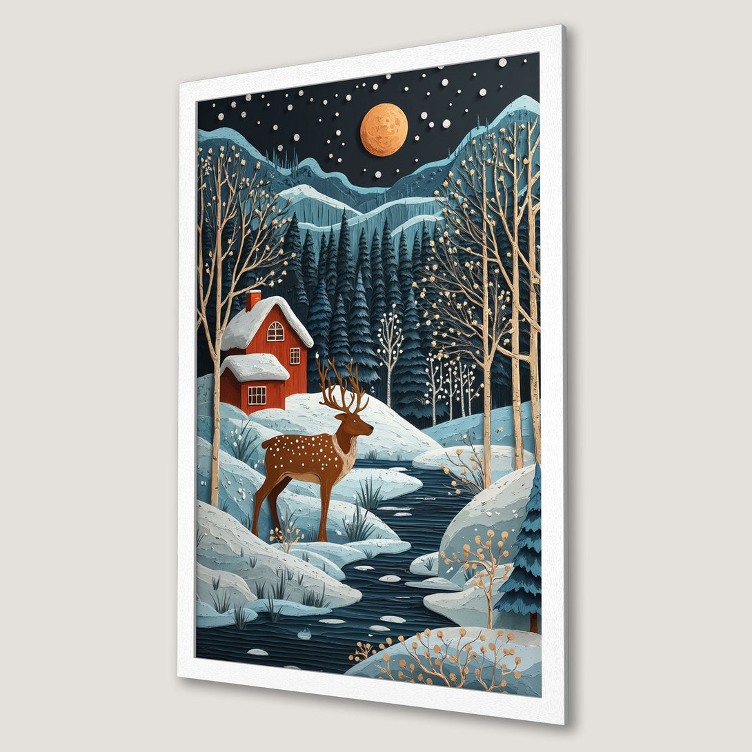 Framed Poster of a winter landscape with a deer, red cabin, and moon. Illustration style with blue, brown, and gold color palette. Perfect wall art.