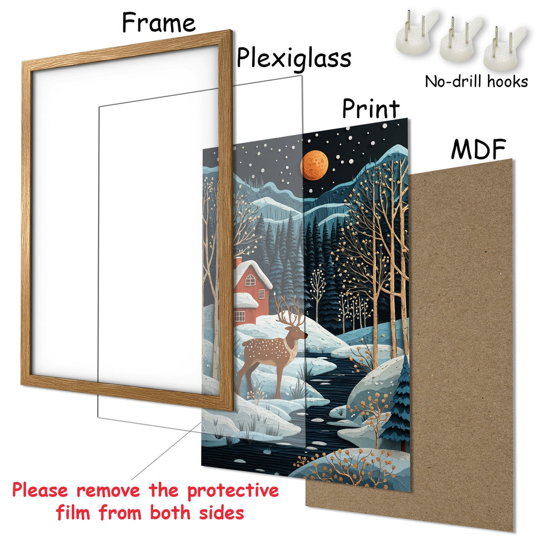Framed Poster: Winter landscape art print with deer, cabin, and forest. Cool blue and orange color palette. Ready to hang!