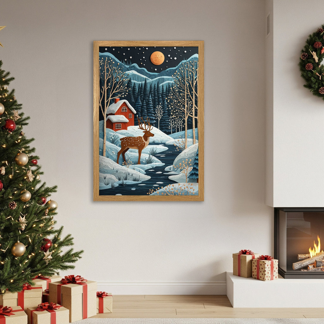 Framed Poster featuring a winter landscape with a deer. Stylized art in blue, brown, and red tones. Perfect holiday decor!