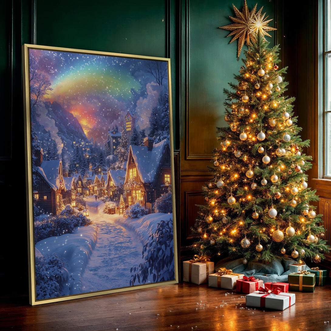 Canvas Print of a winter village scene with a rainbow. Features a warm, inviting color palette with blues, oranges, and yellows. Perfect wall art!