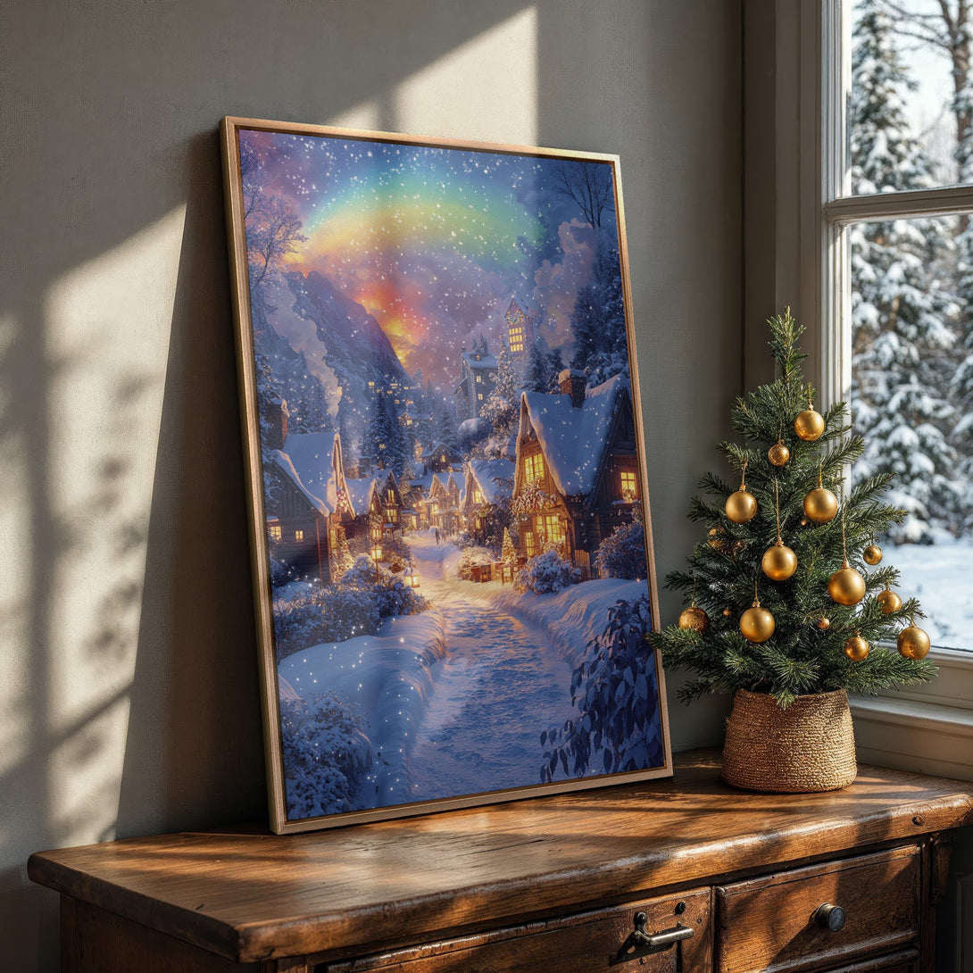 Framed Wall Art: Winter village scene with rainbow, cozy cottagecore style, featuring a blue, gold, and white color palette. Perfect for holiday decor!
