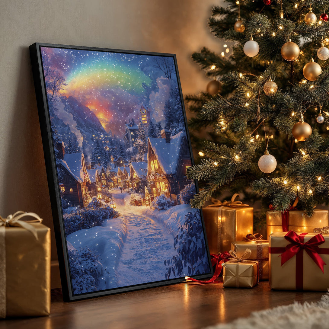 Framed Wall Art: Winter village scene with rainbow, snowy landscape, and warm lighting. Beautiful blue, gold, and white color palette. Perfect Christmas decor.