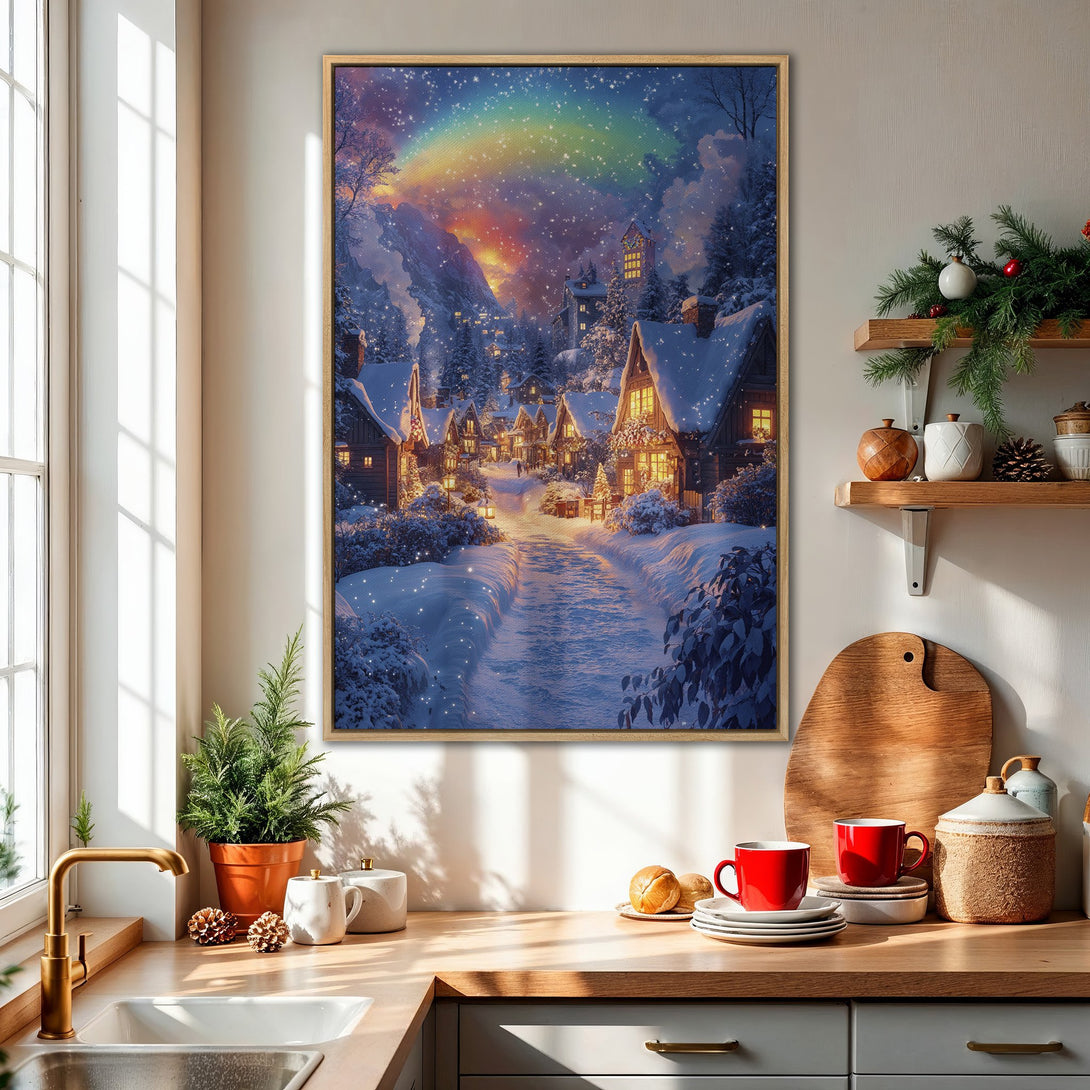 Framed Wall Art: Winter village scene with rainbow, vibrant colors, and cozy lights. Perfect for adding warmth to your home decor.