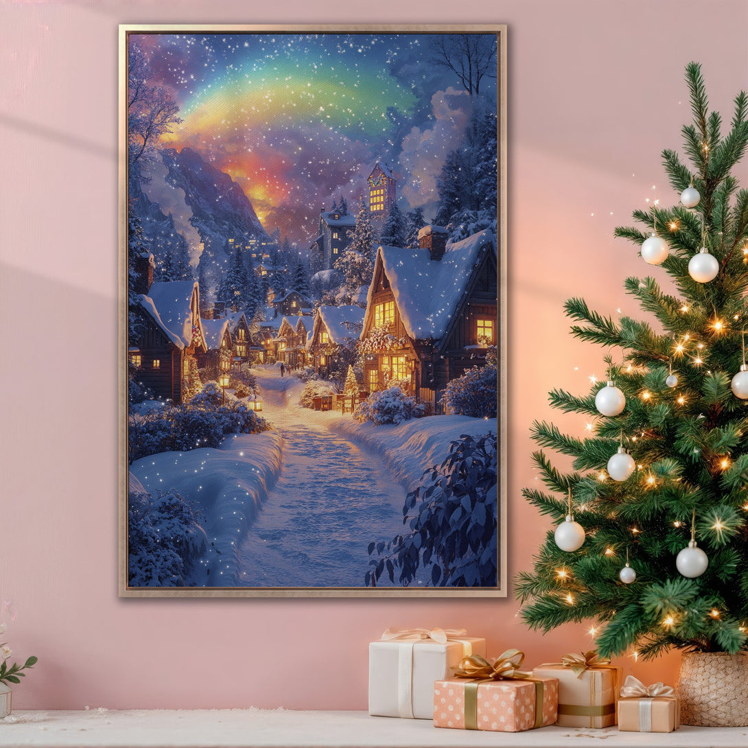 Framed Wall Art: Winter village scene with rainbow, warm sunset colors. Cozy canvas print for holiday decor. Adds a touch of magic to any room.