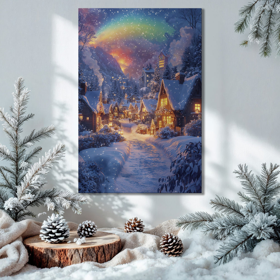 Framed Wall Art: Winter village scene with rainbow, warm colors. Perfect Christmas decor! Add a touch of magic to your home.