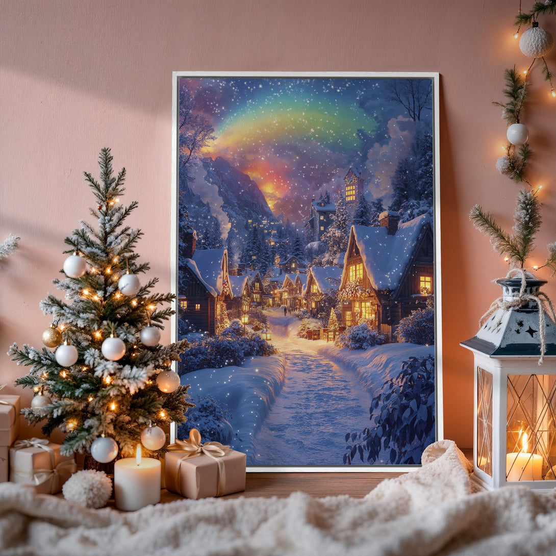 Framed Wall Art: Cozy winter village scene with rainbow, in a warm, inviting color palette. Perfect for holiday decor!