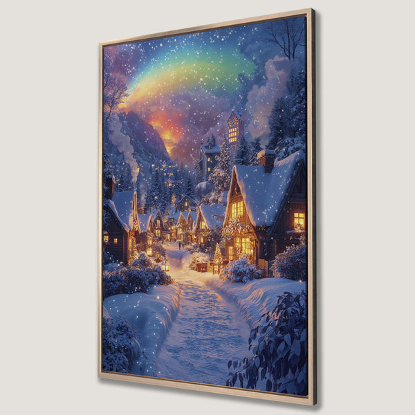 Framed Wall Art: Winter village scene with rainbow. Cozy cottages in a snowy landscape with a warm, inviting color palette of blues, oranges, and golds. Perfect for holiday decor!