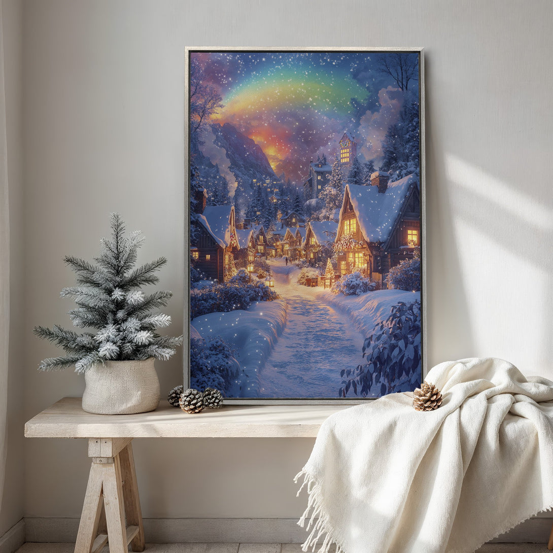 Framed Wall Art: Winter village scene Canvas Print with rainbow, snowy landscape, and warm color palette. Perfect for cozy home decor.