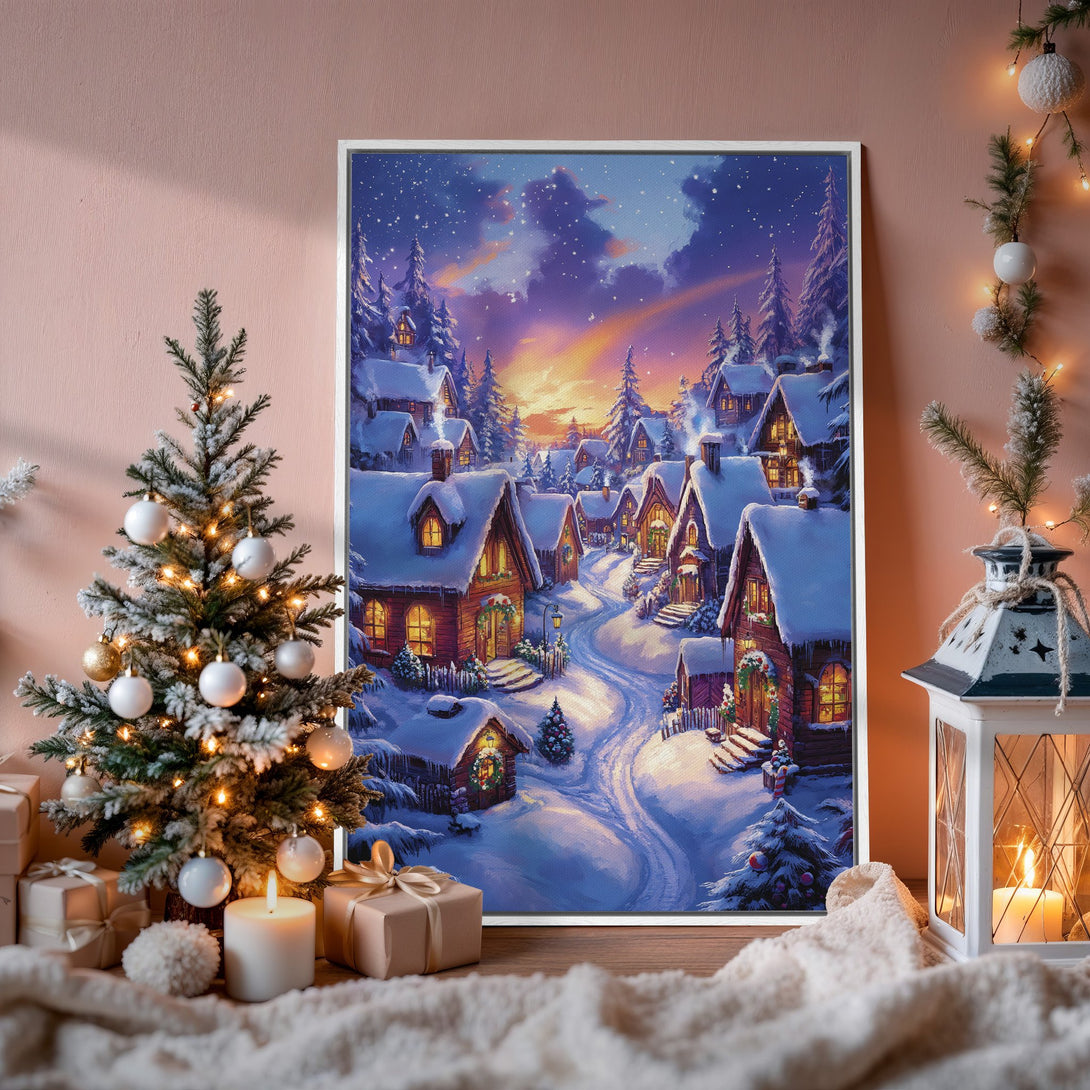 Framed Wall Art: Winter village scene in blue, purple, and orange hues. Cozy cabin art for holiday decor. Perfect Christmas gift idea!
