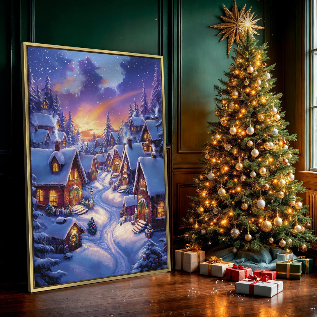 Canvas Print of a snowy village scene in a warm, inviting style with a blue, purple, and orange color palette. Perfect Christmas wall art!
