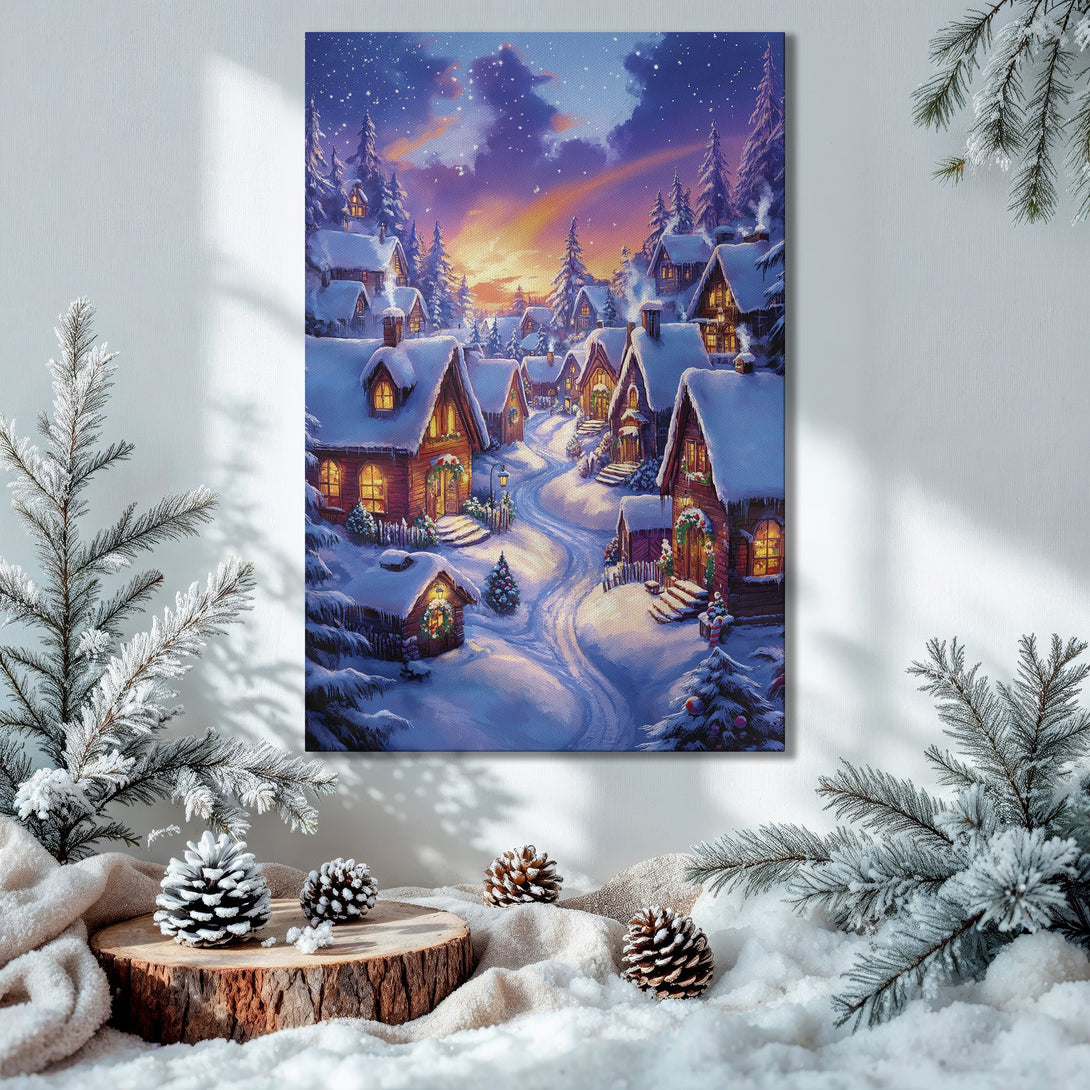 Framed Wall Art: Winter village scene canvas print with a warm, inviting color palette. Perfect for Christmas decor!