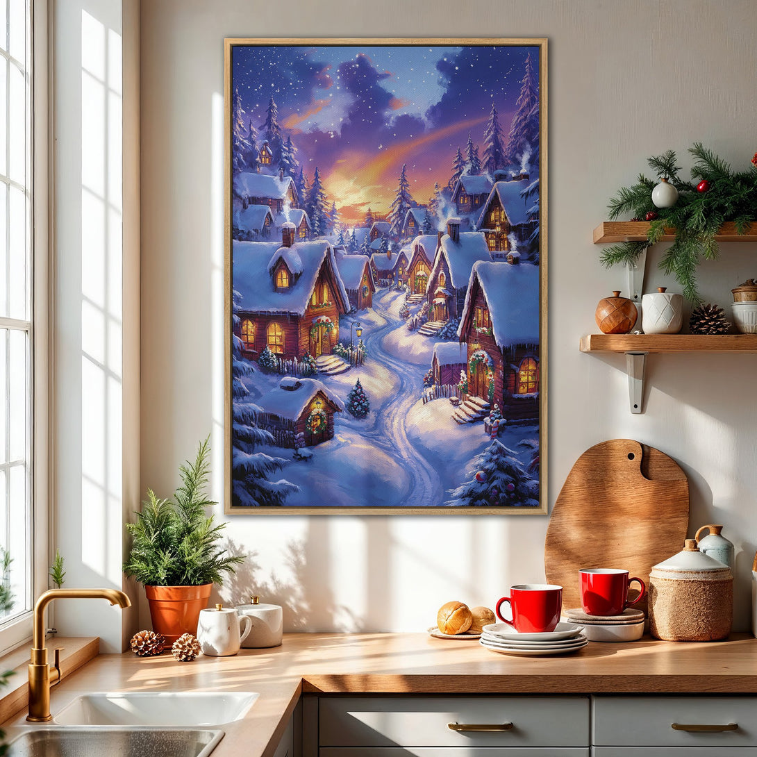 Framed Wall Art of a snowy village scene with warm light, perfect for winter decor. Features a blue, purple, and orange color palette.