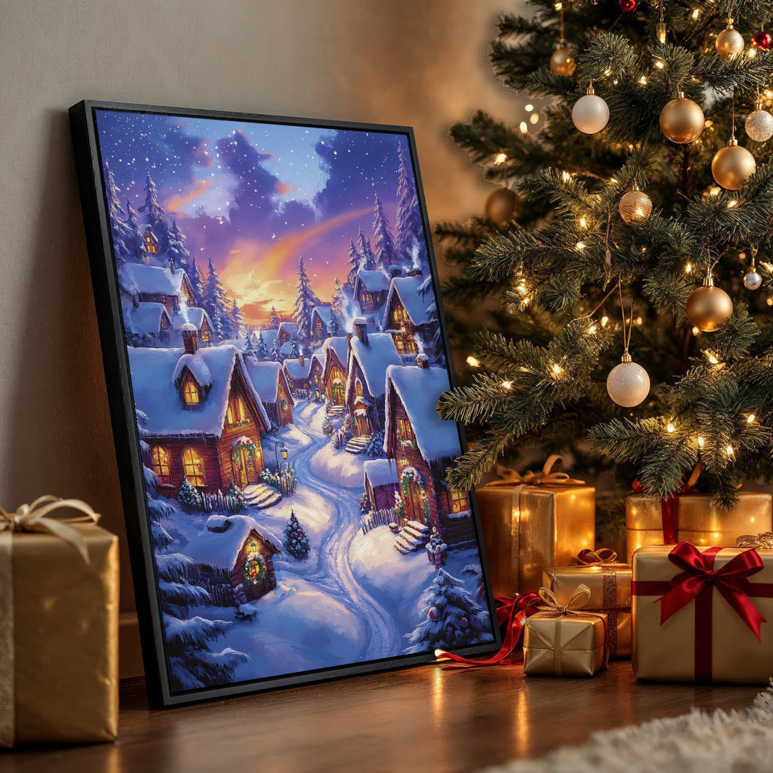 Framed Wall Art: Winter village scene in a cozy interior. Snowy landscape with warm, inviting colors and a touch of Christmas magic. Perfect holiday decor!