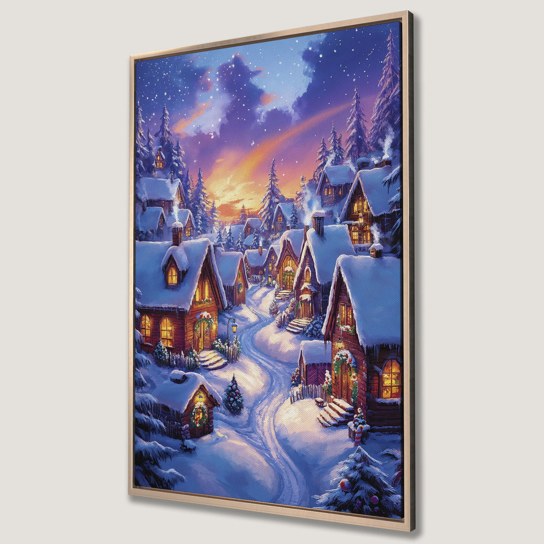 Framed Wall Art featuring a charming winter village scene with snow-covered houses, warm lighting, and a blue/purple/orange color palette. Perfect holiday decor.